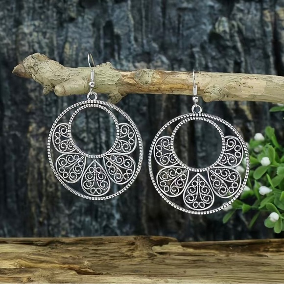 Filigree Oversized Silver Hoop Earrings - Picture 1 of 10